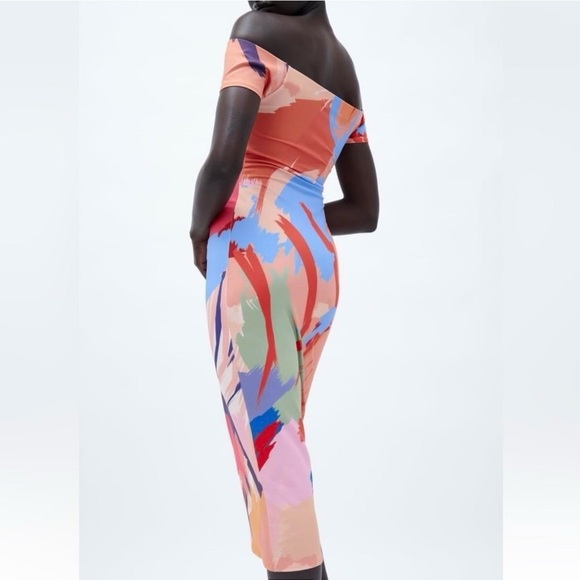 Zara blogger favorite abstract color print bodycon off shoulder dress NWT - Picture 3 of 4